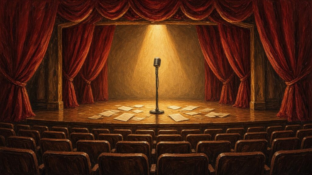 AI artwork of an empty theatre stage under a single spotlight, with a microphone stand, red curtains and sheet music on the boards