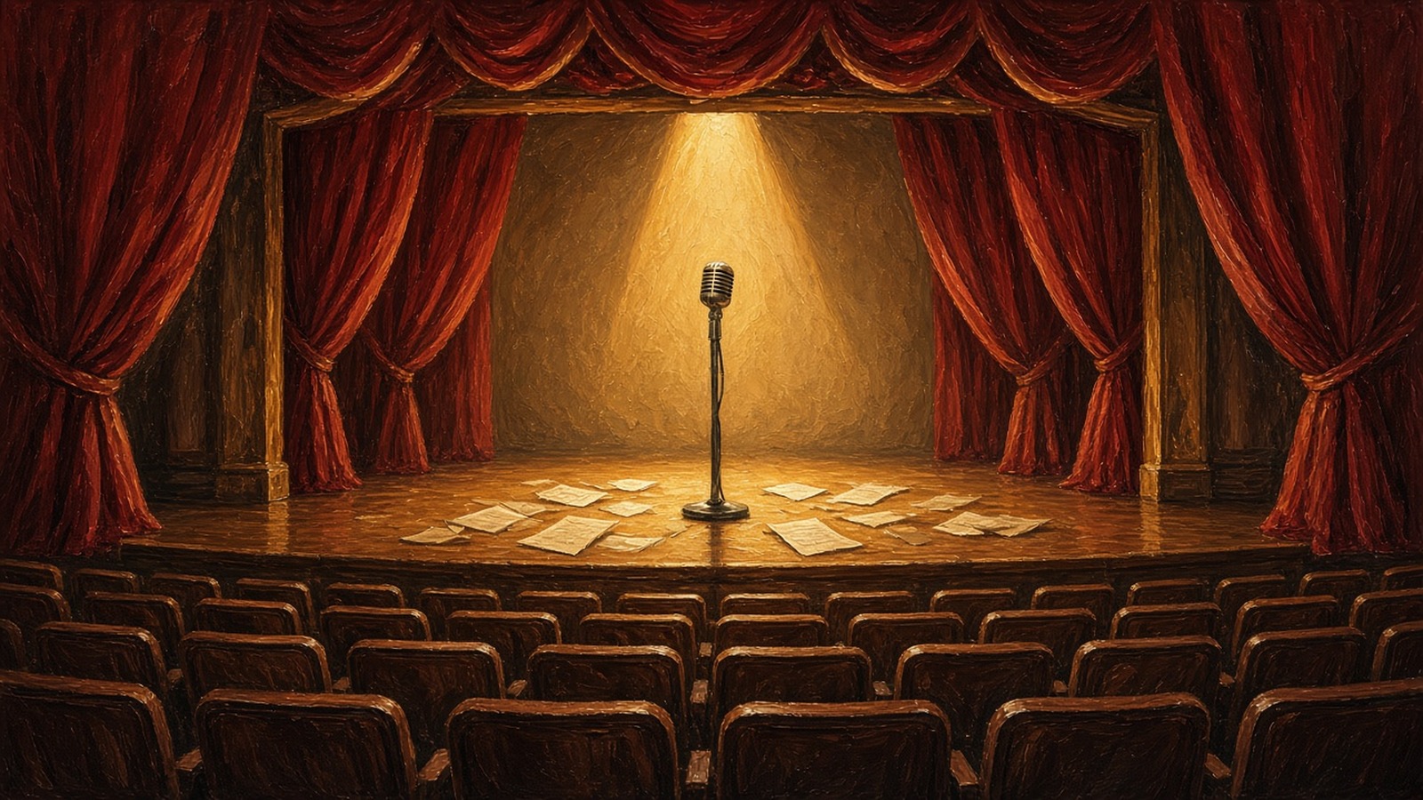 AI artwork of an empty theatre stage under a single spotlight, with a microphone stand, red curtains and sheet music on the boards