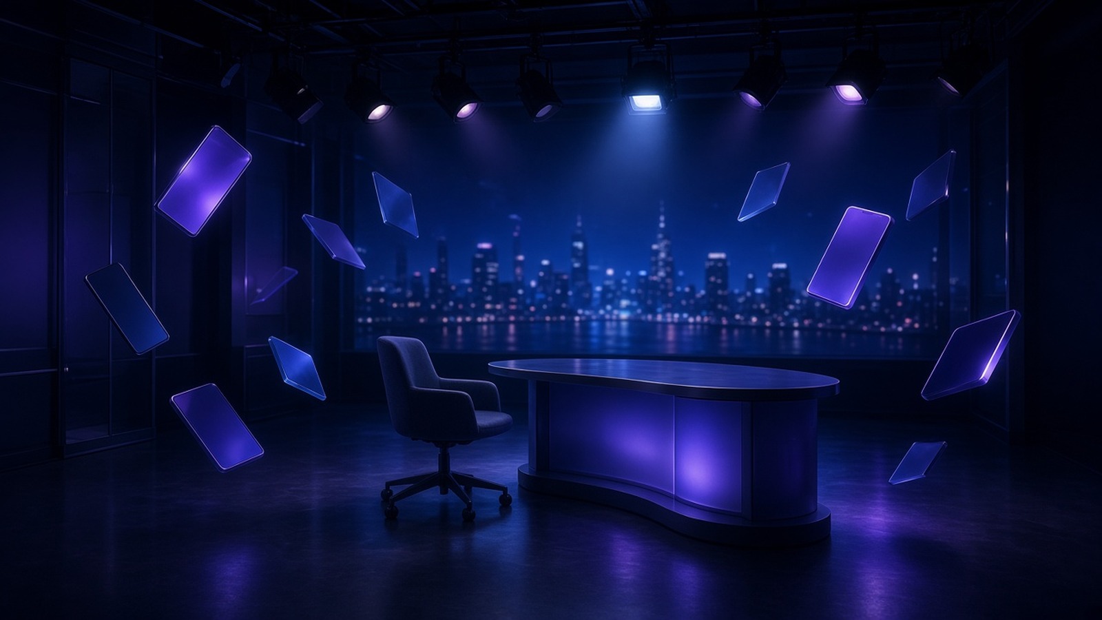 AI artwork of an empty, darkened TV news studio lit in blue, with glowing phone-shaped screens floating around the desk