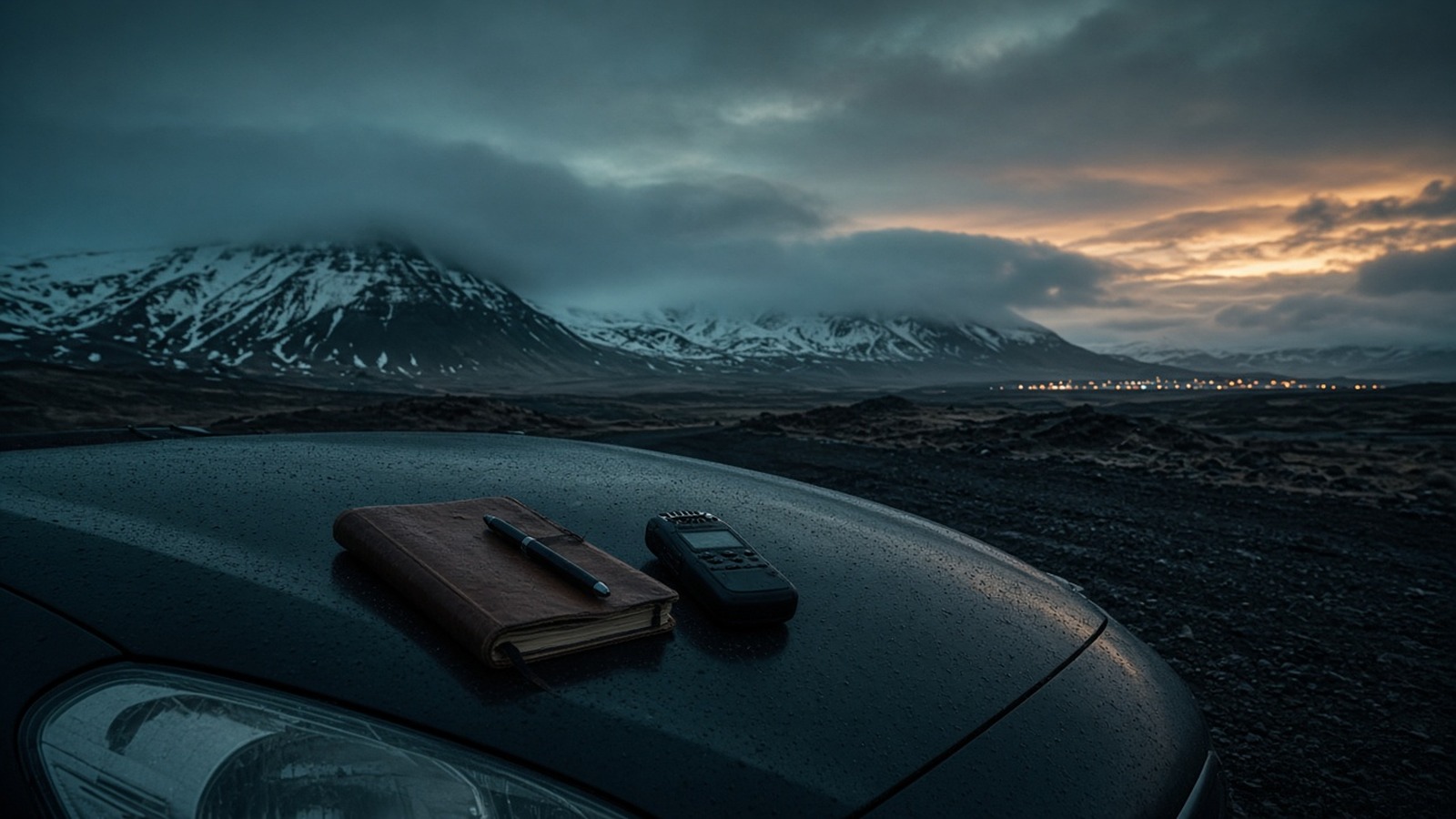 AI artwork of a stormy Icelandic landscape at dusk, with a notebook and recorder resting on a car bonnet