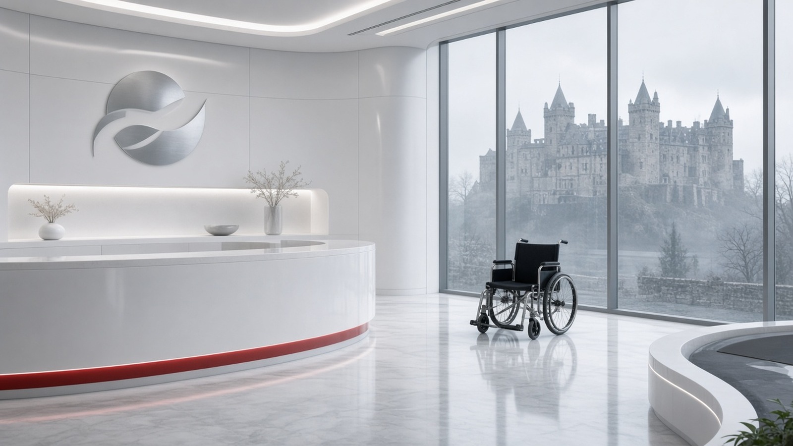 AI artwork of a gleaming white corporate care-facility reception with an empty wheelchair, and a castle visible through the windows