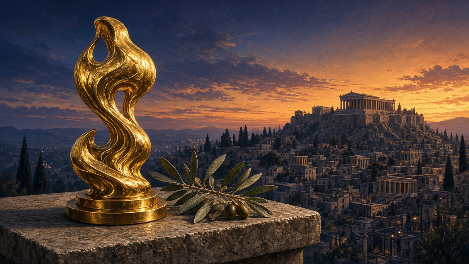 AI artwork of a golden award statuette on a terrace overlooking Athens and the Acropolis at sunset