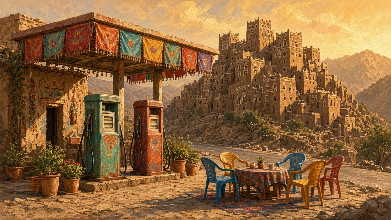 AI artwork of a colourful roadside petrol station with bunting and plastic chairs beneath an old Yemeni hill town at golden hour