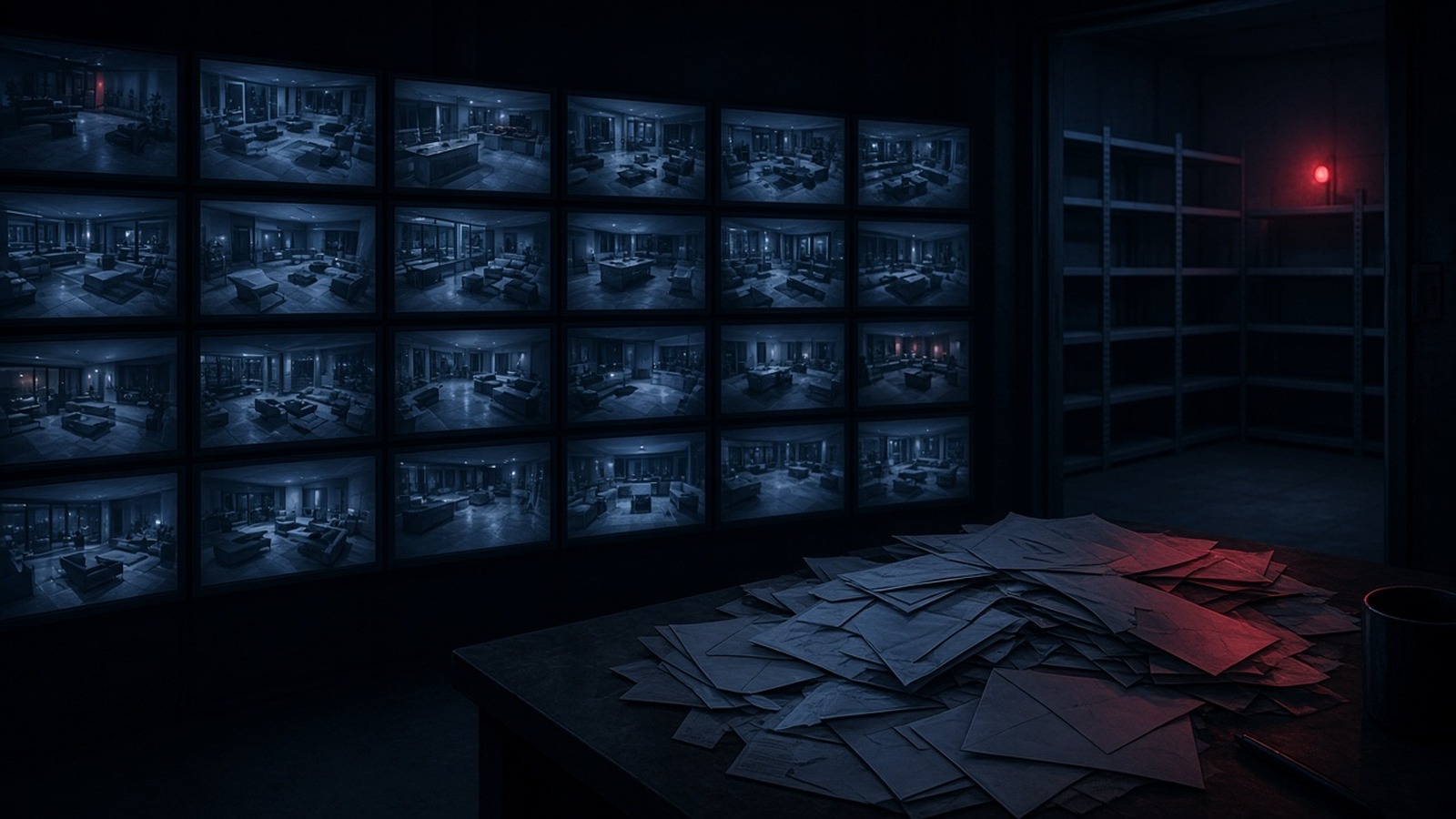 AI artwork of a dark control room wall of monitors with a red recording light and a pile of complaint letters on the desk