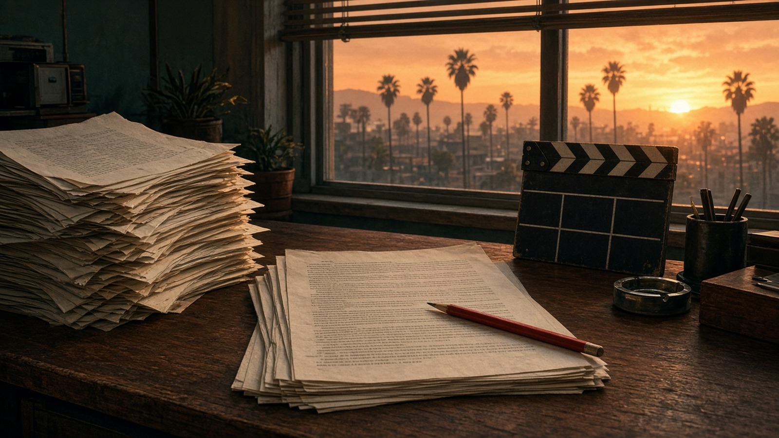 AI artwork of a thick script with loose cut pages and a clapperboard on a desk, with Hollywood palm trees at sunset outside the window