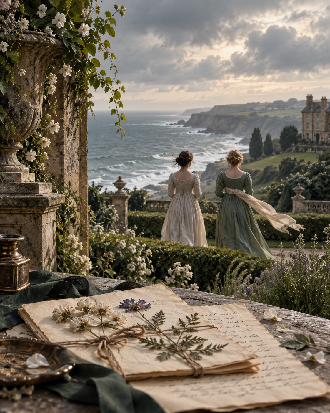 Original editorial illustration of two anonymous period figures overlooking an English coast with letters and pressed flowers.