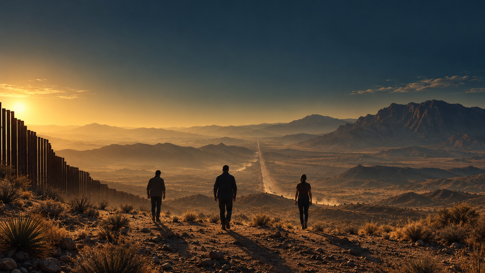 Original editorial illustration of three anonymous figures above a desert road at dawn