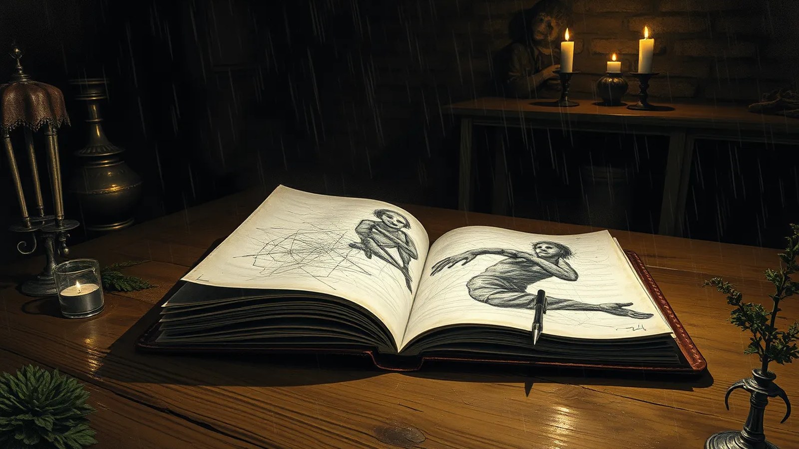 AI artwork of an old sketchbook lying open on a wooden farmhouse table by candlelight on a rainy night, its drawings seeming to move