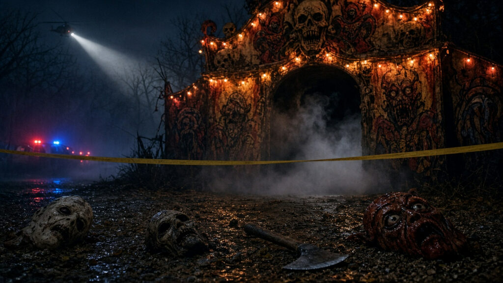 AI artwork of a roadside haunted-house attraction at night, its entrance sealed with police tape, abandoned masks on the gravel and a helicopter searchlight sweeping the trees