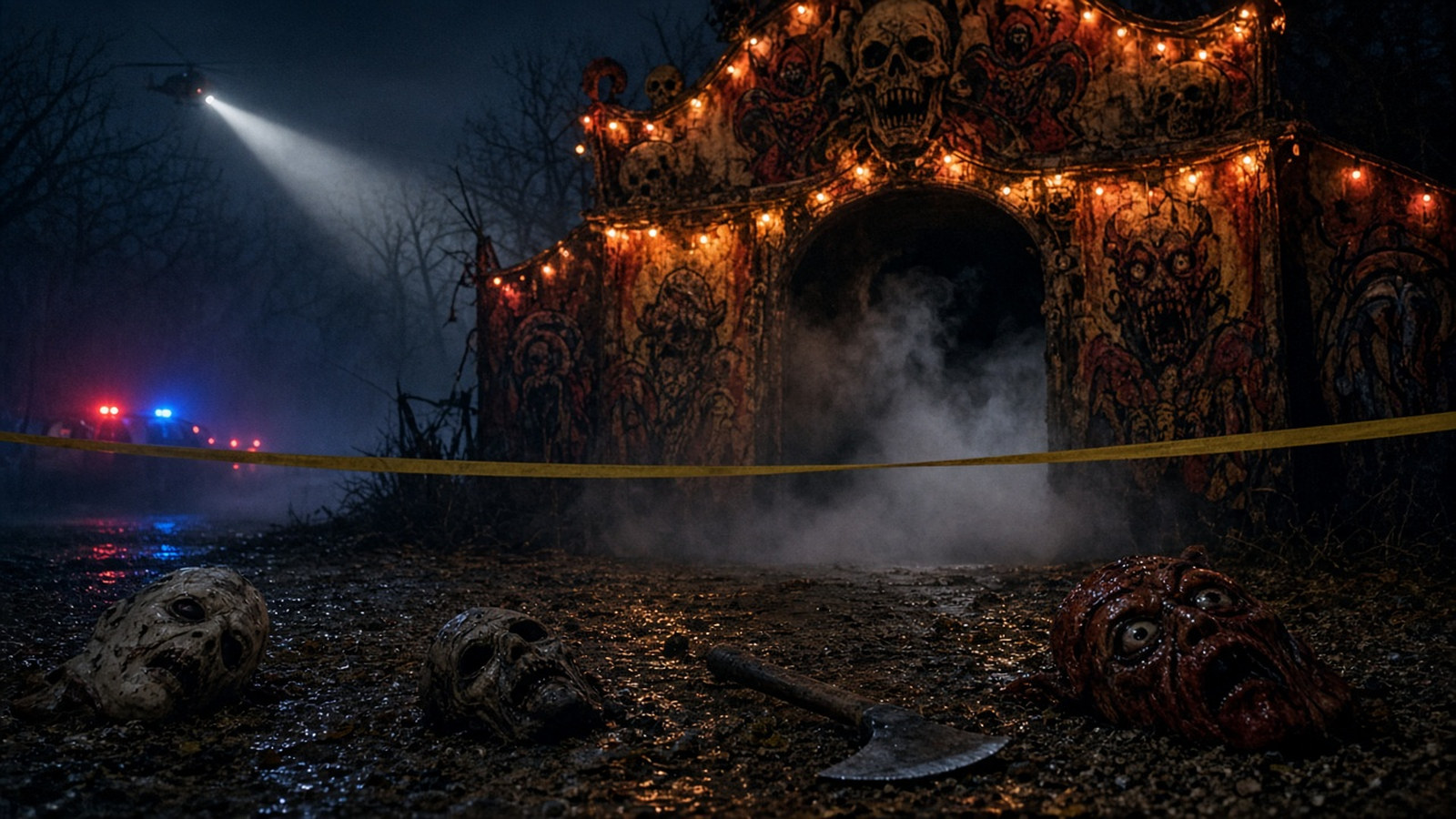 AI artwork of a roadside haunted-house attraction at night, its entrance sealed with police tape, abandoned masks on the gravel and a helicopter searchlight sweeping the trees