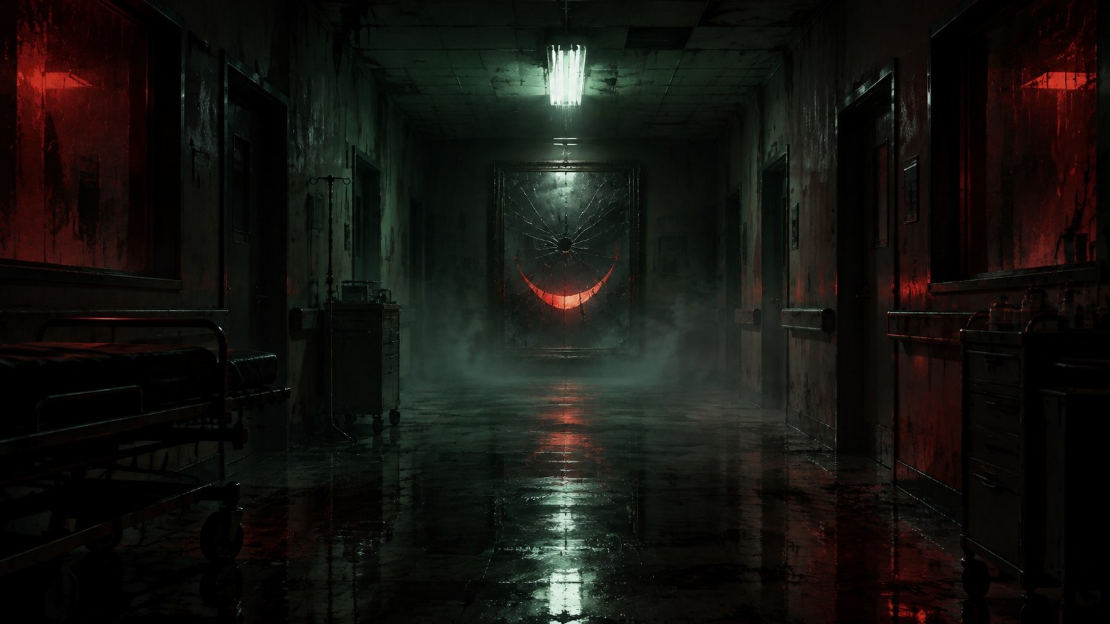 AI artwork of a dark, flooded hospital corridor with a sinister red smile glowing at the far end