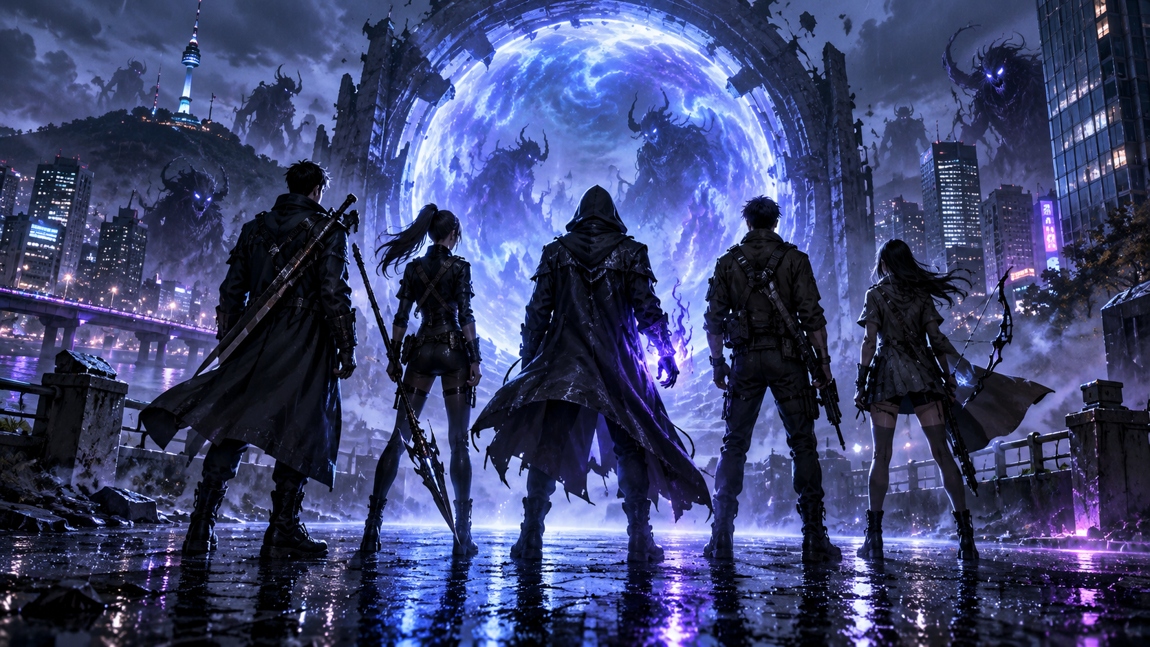 Five original urban fantasy hunters face a luminous portal above a city