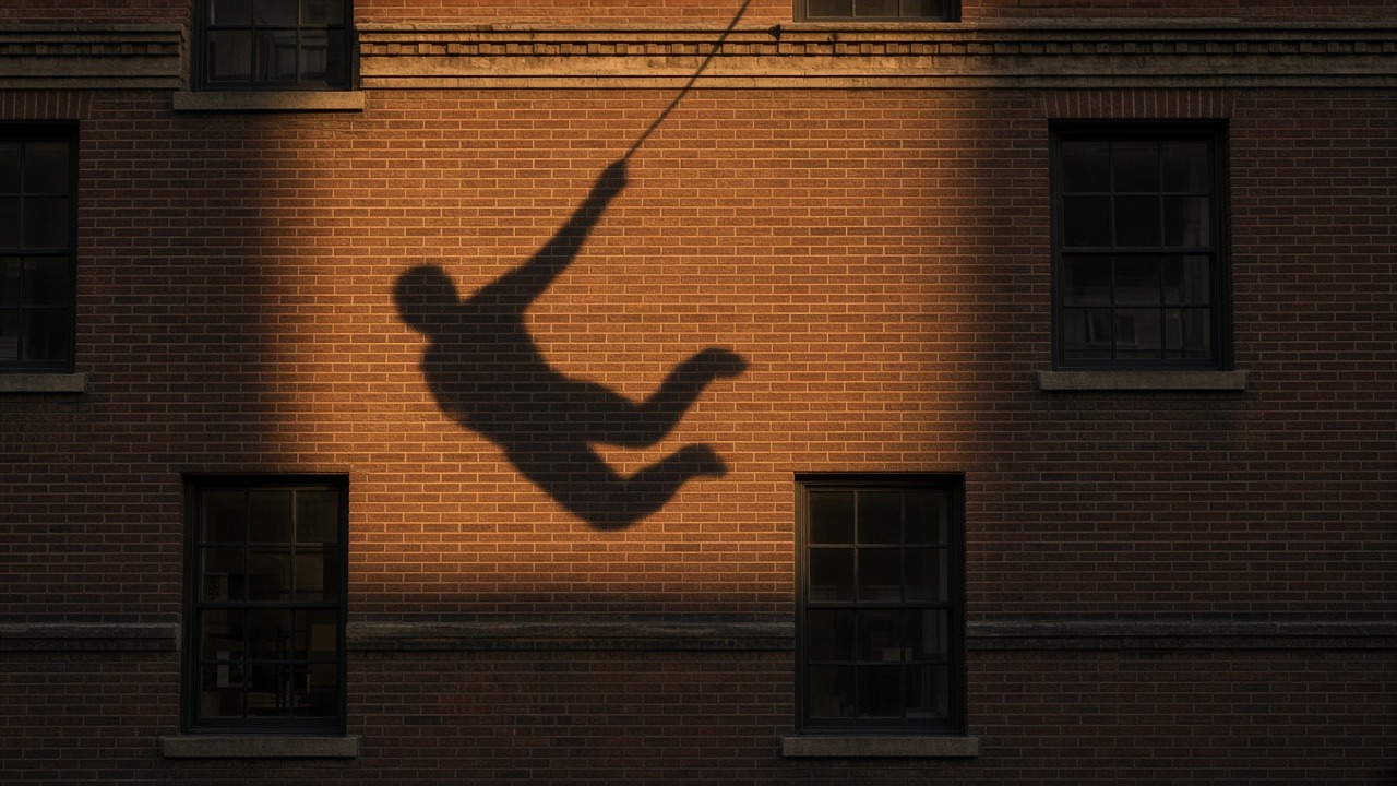 Illustration of a web-slinger’s shadow swinging across a sunlit brick wall in New York, evoking Spider-Man: Brand New Day