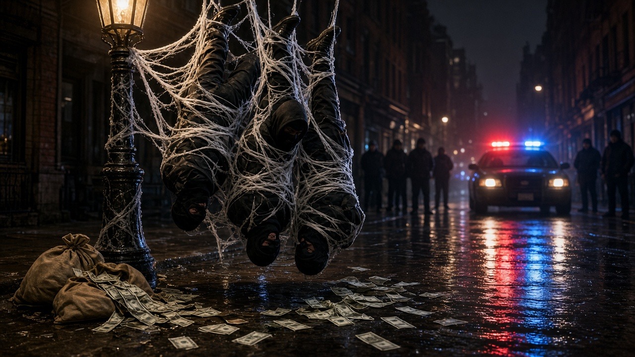 Illustration of robbers wrapped in webbing beneath a street lamp as police lights glow on a wet New York street, evoking Spider-Man: Brand New Day
