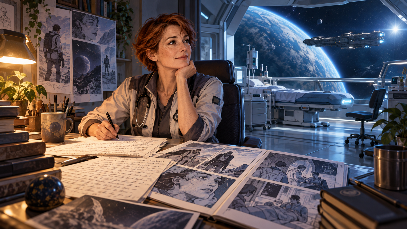 Original editorial illustration of a fictional space-medicine author writing graphic-novel pages beside a futuristic medical bay