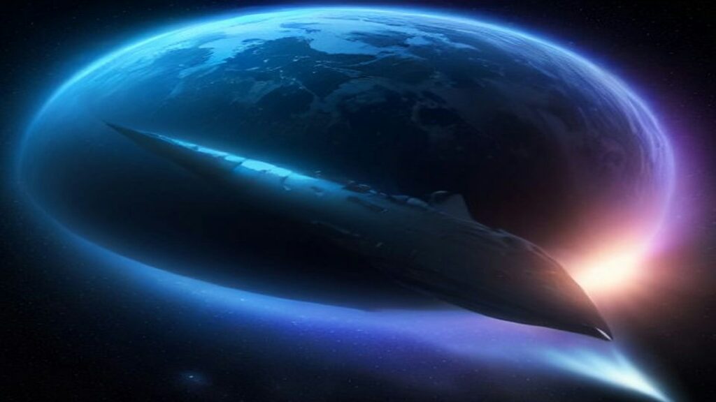 AI artwork of a sleek dark starship gliding past a glowing blue planet, with a bright star flaring on the horizon