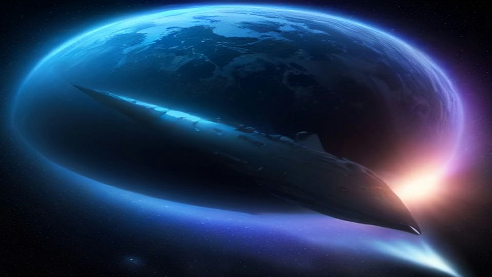AI artwork of a sleek dark starship gliding past a glowing blue planet, with a bright star flaring on the horizon