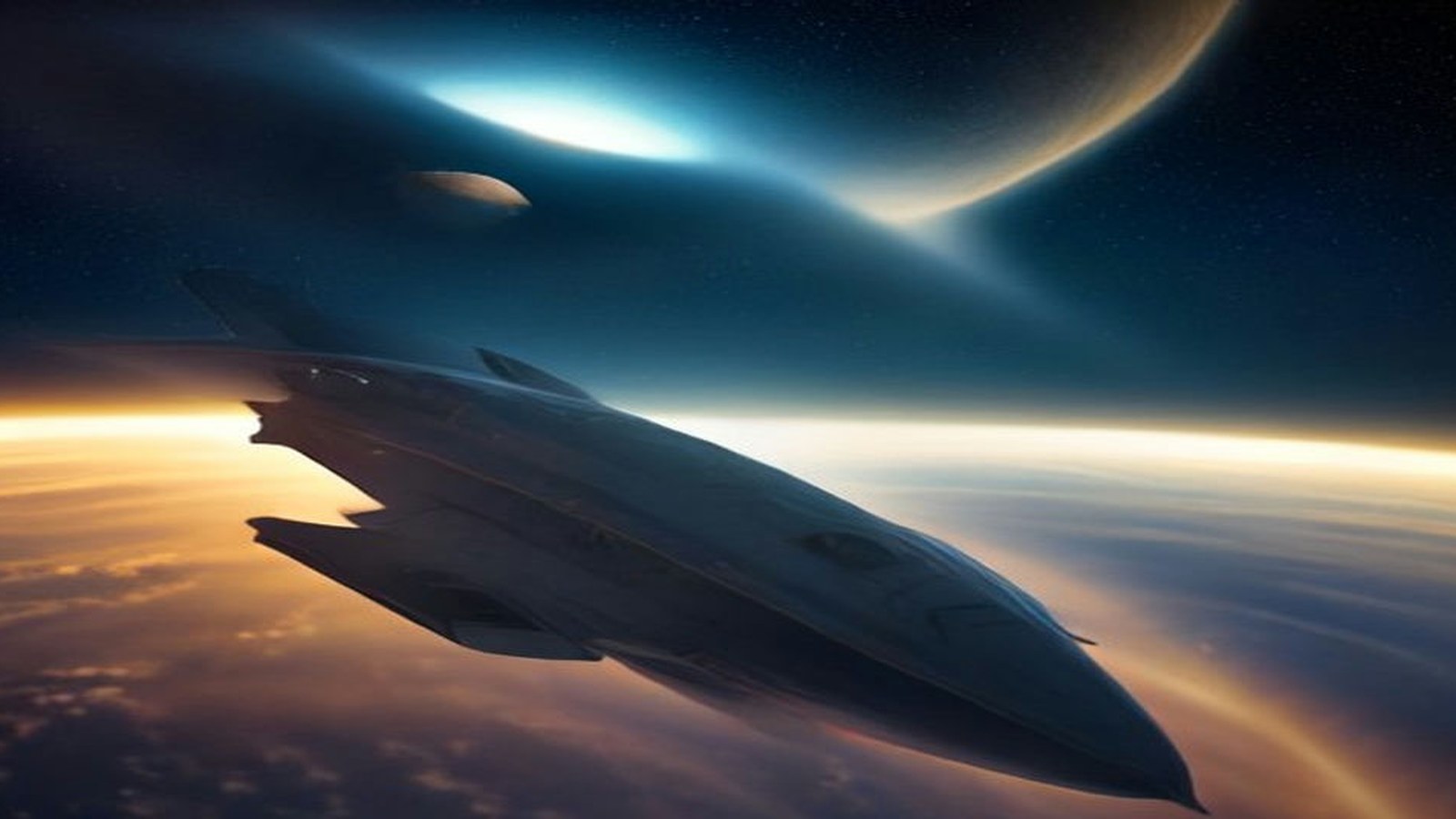 AI artwork of a sleek dark starship gliding above a glowing planet at sunrise, with a ringed moon in deep blue space
