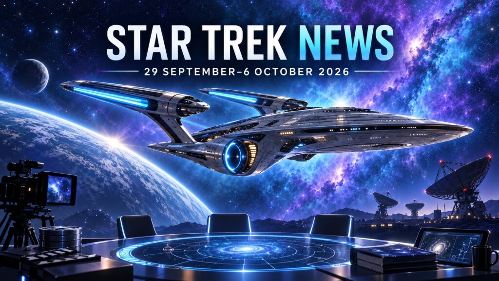 Original editorial illustration of an exploration starship above a command table and radio telescopes for Star Trek news dated 29 September to 6 October 2026