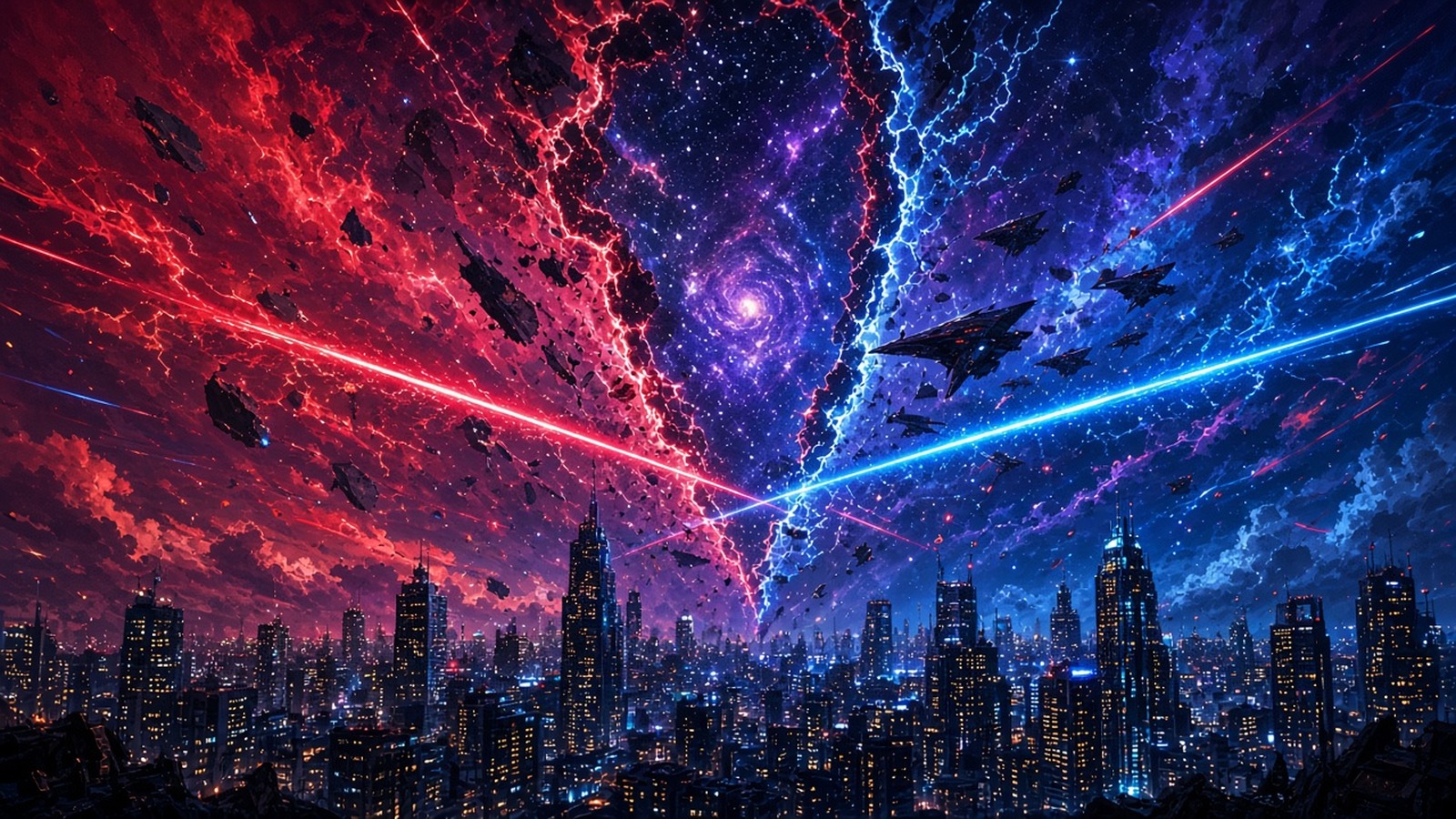 AI artwork of a red and blue cosmic rift tearing across the sky above a city skyline as starships pour through