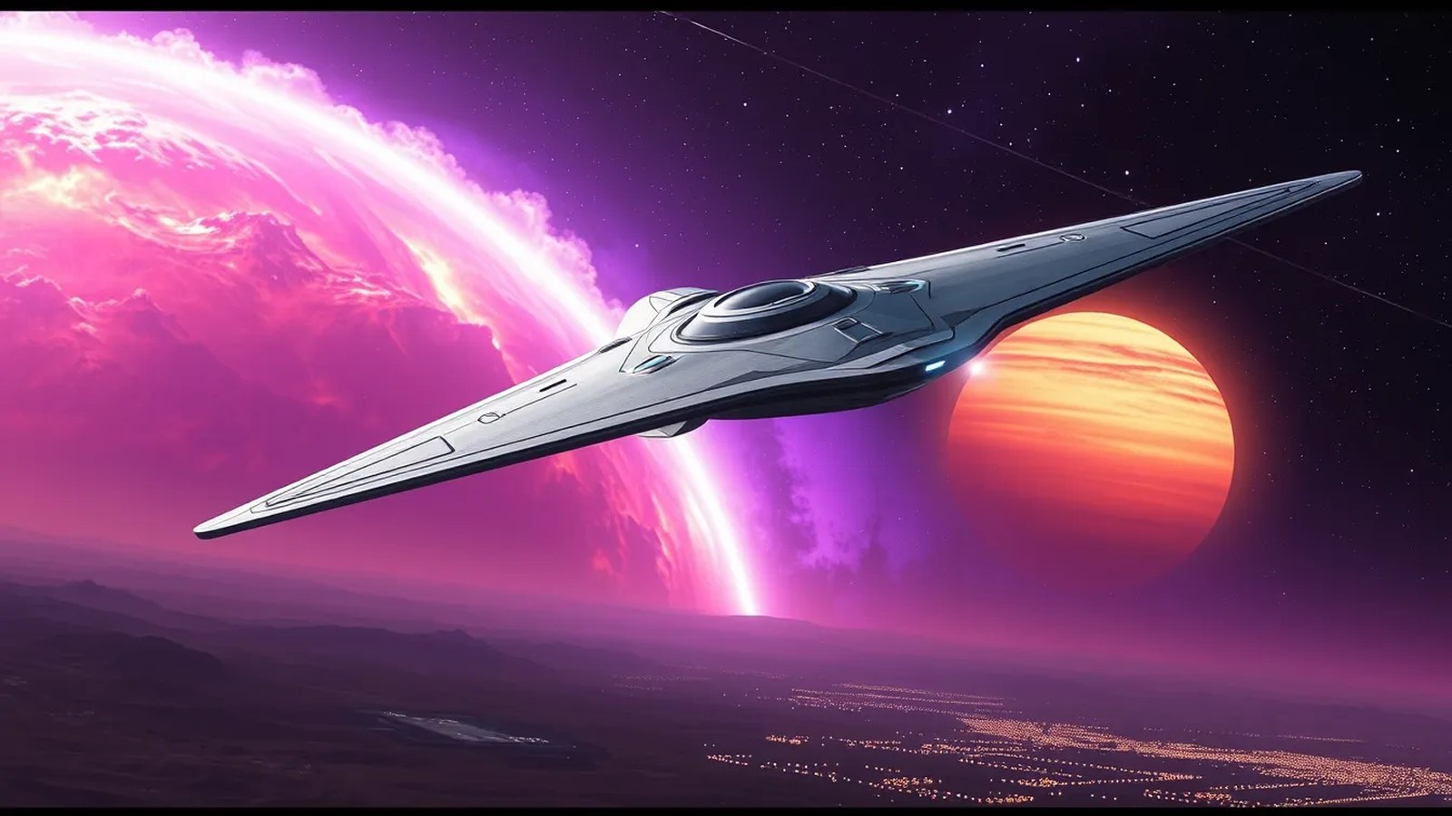AI artwork of a sleek silver spacecraft crossing a purple nebula above a desert planet, with a glowing orange planet and distant city lights