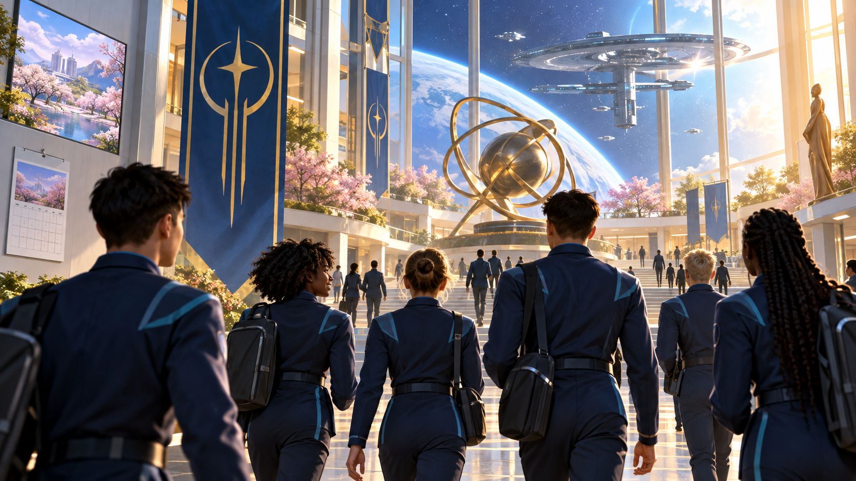 Original editorial illustration of fictional cadets entering a bright futuristic academy beneath an orbital training station