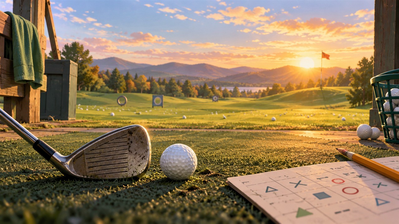 Editorial illustration of a golf ball and scuffed club on a practice range at sunrise