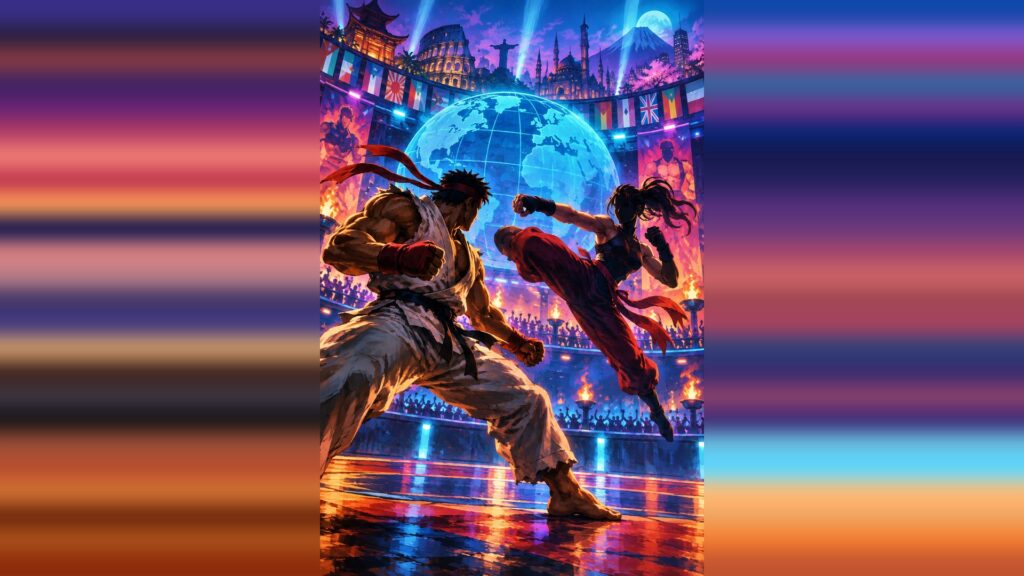 AI artwork of two anonymous martial artists squaring off in a neon-lit tournament arena