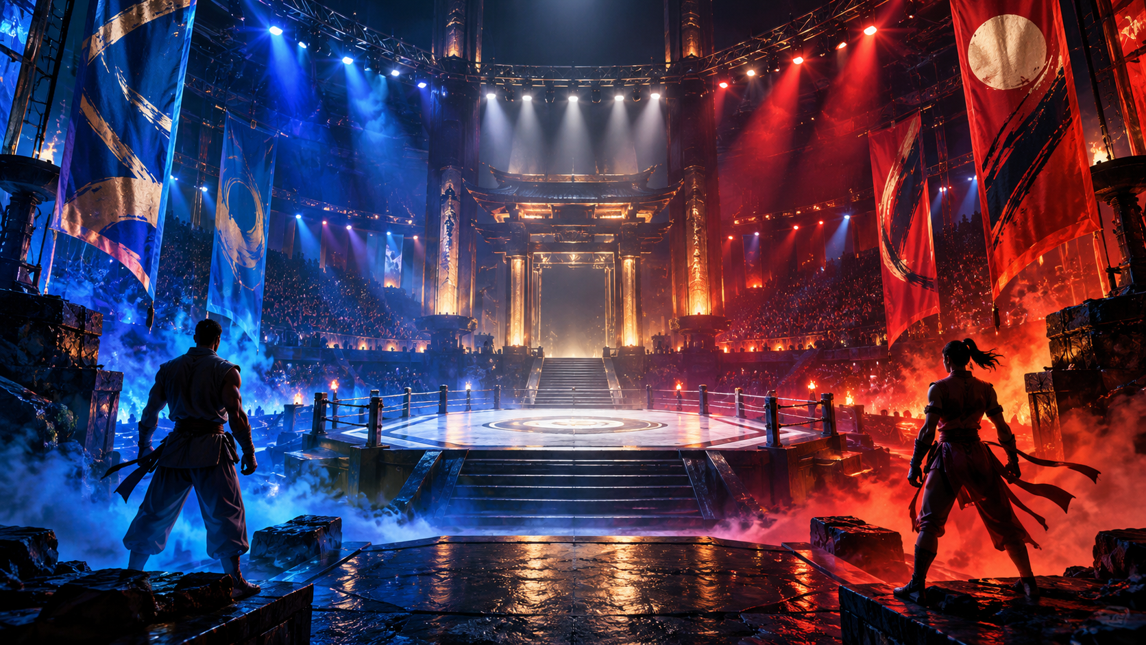 Original editorial illustration of two anonymous fighters facing an illuminated international tournament arena.