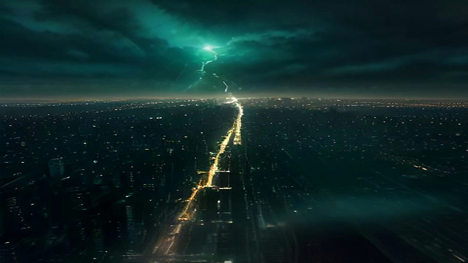 AI artwork of a vast city at night seen from above, with a glowing golden avenue running towards a horizon lit by green lightning