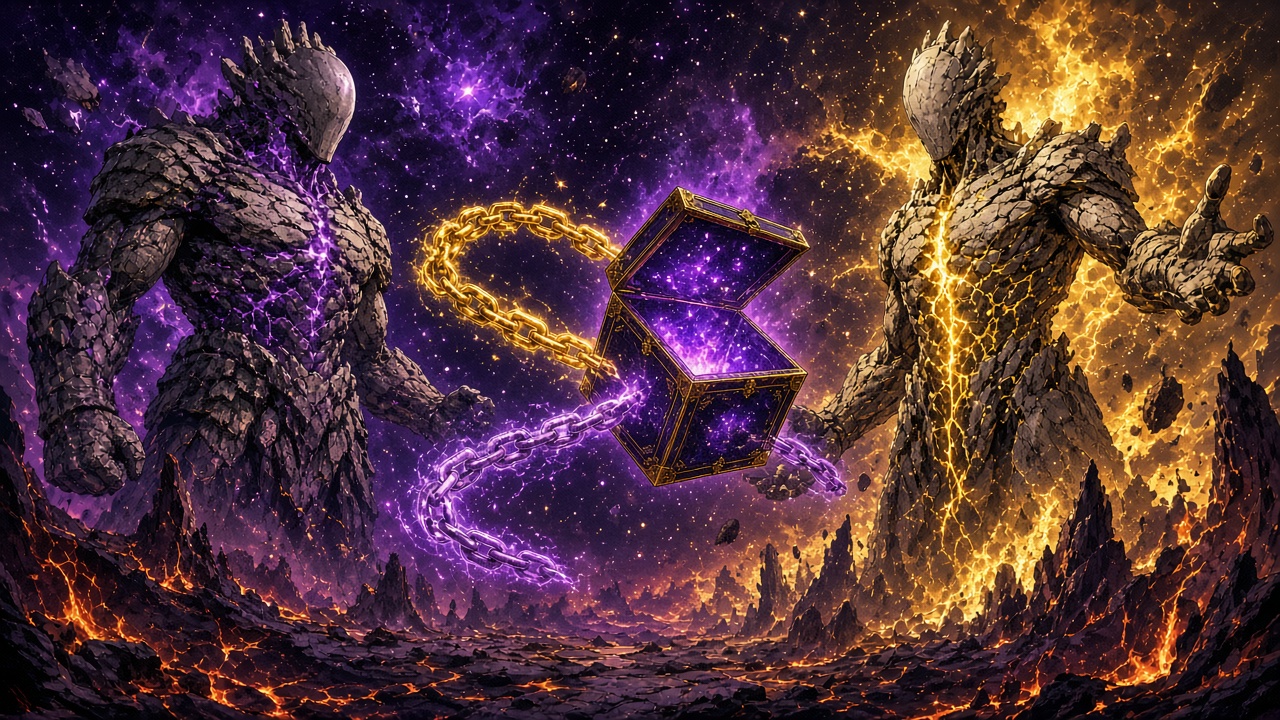 AI artwork of two cosmic stone figures facing a glowing cube