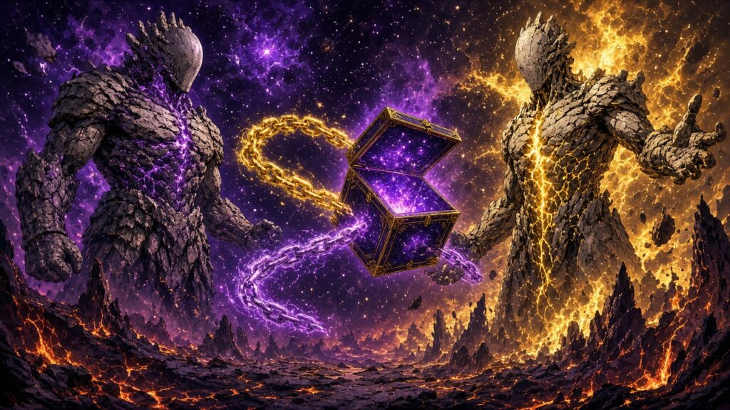 AI artwork of two cosmic stone figures facing a glowing cube