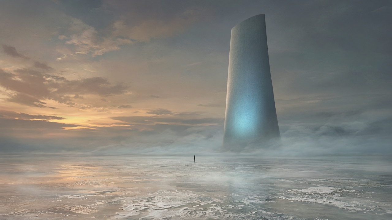 A towering monolith in a misty sea beneath a sunset