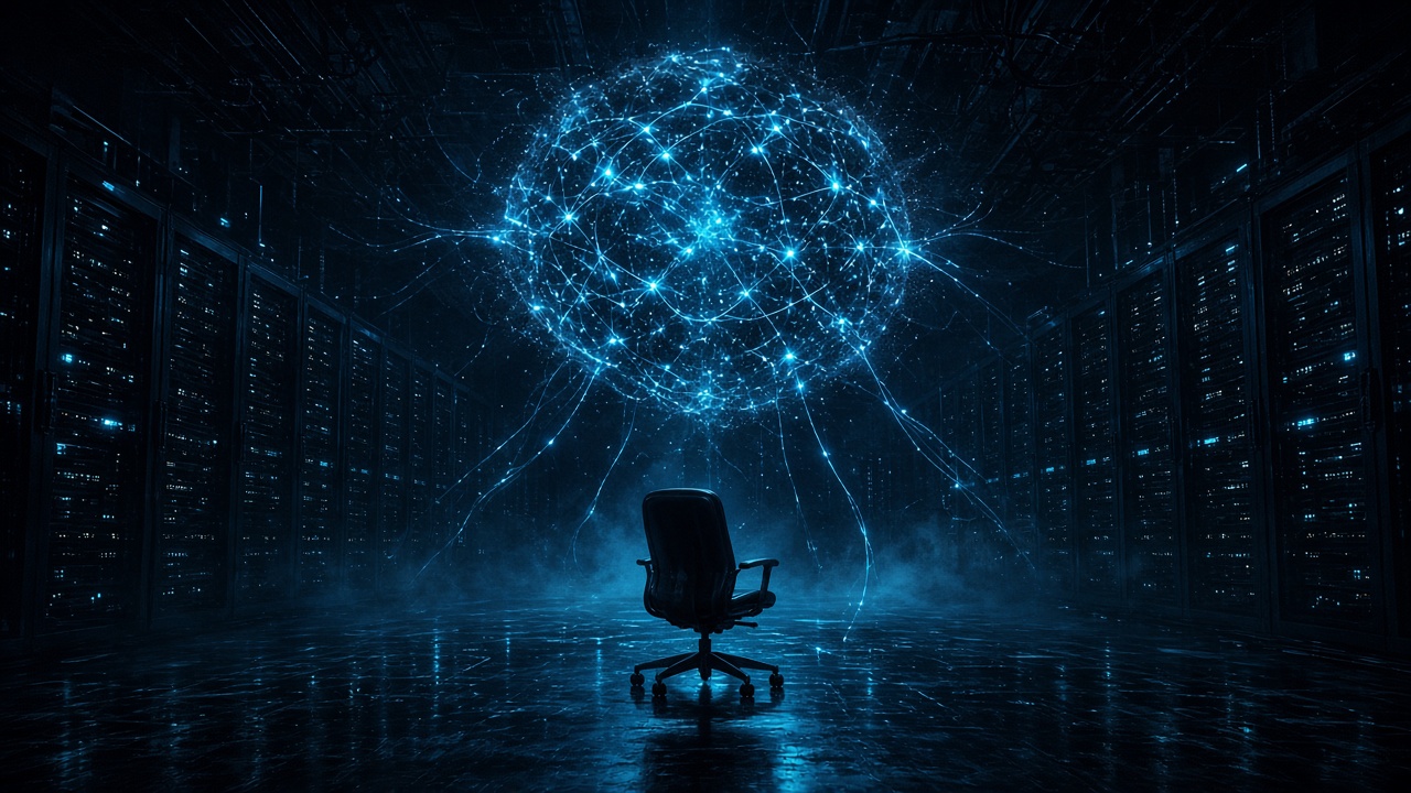 Conceptual glowing neural network above an empty chair in a dark server room