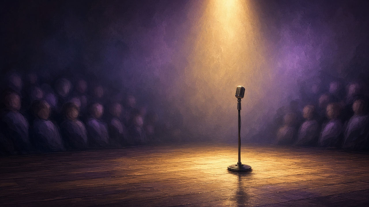 An empty microphone under a spotlight in a softly painted comedy club