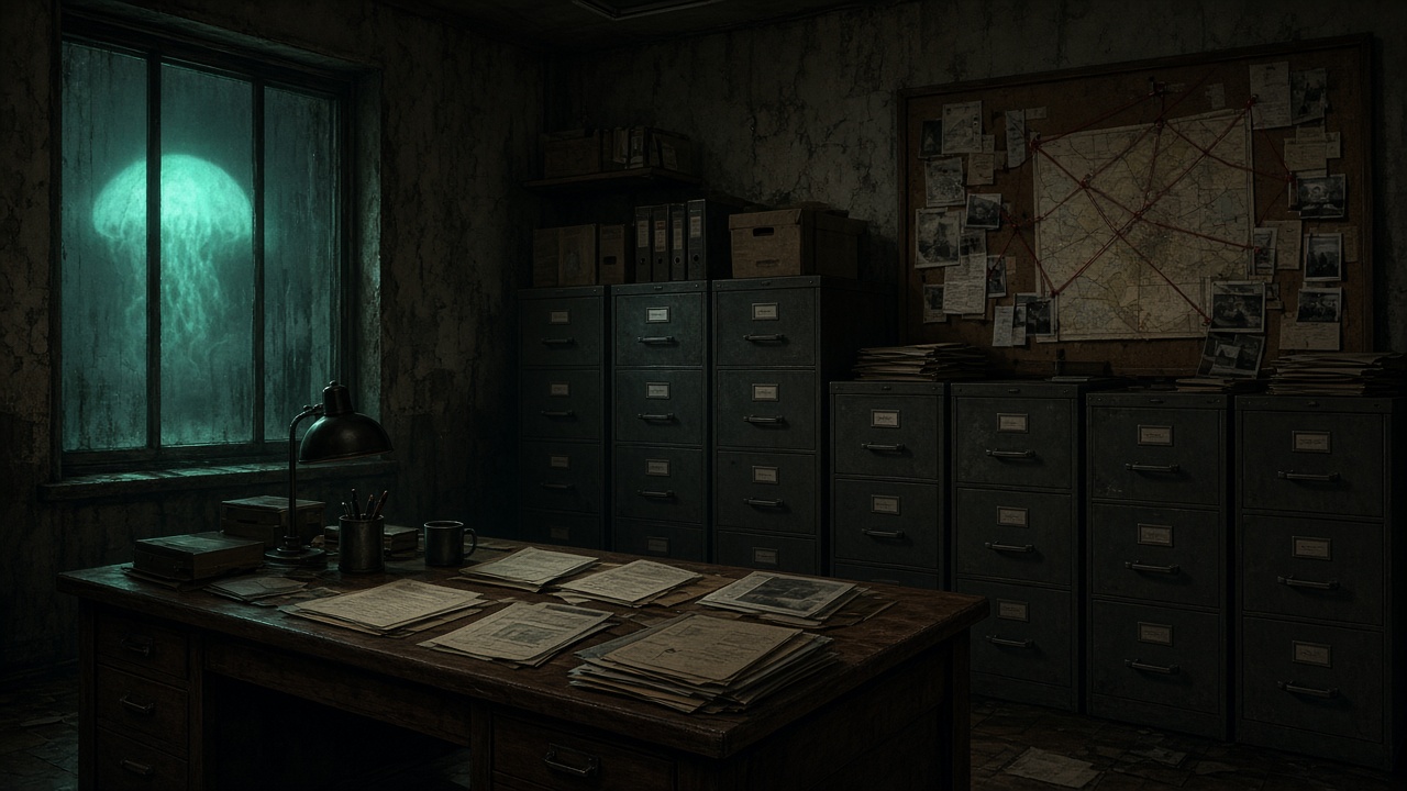 AI artwork of an empty investigation office with case files and green light