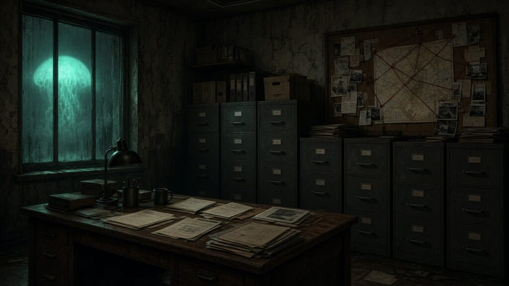 AI artwork of an empty investigation office with case files and green light