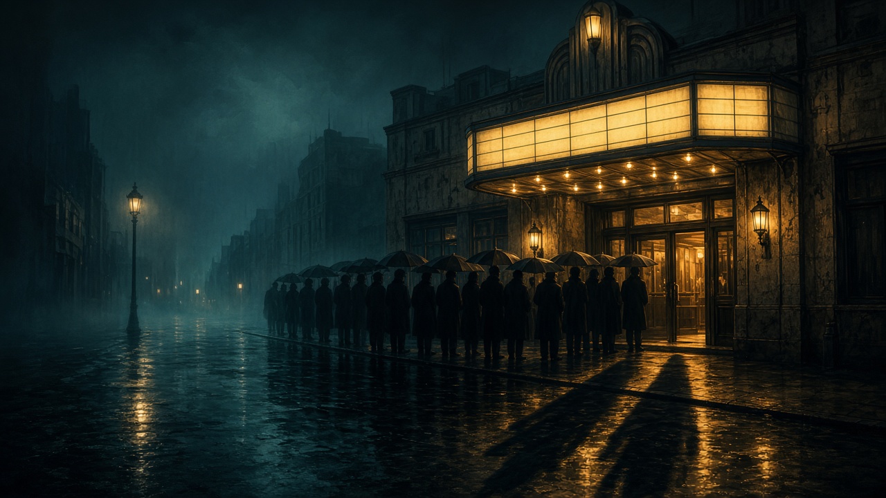 Conceptual cinema queue beneath a glowing marquee on a rainy night