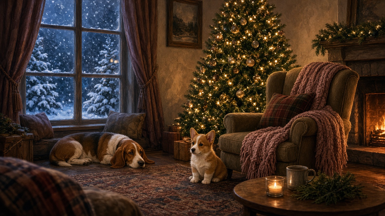 A basset hound resting beside a Christmas tree and a warm fireplace