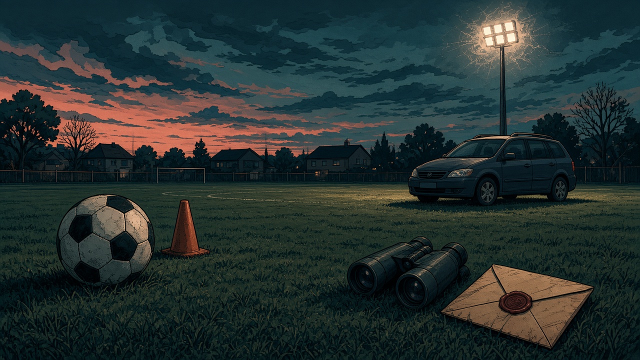 A floodlit football pitch beside a parked car, binoculars and a sealed letter