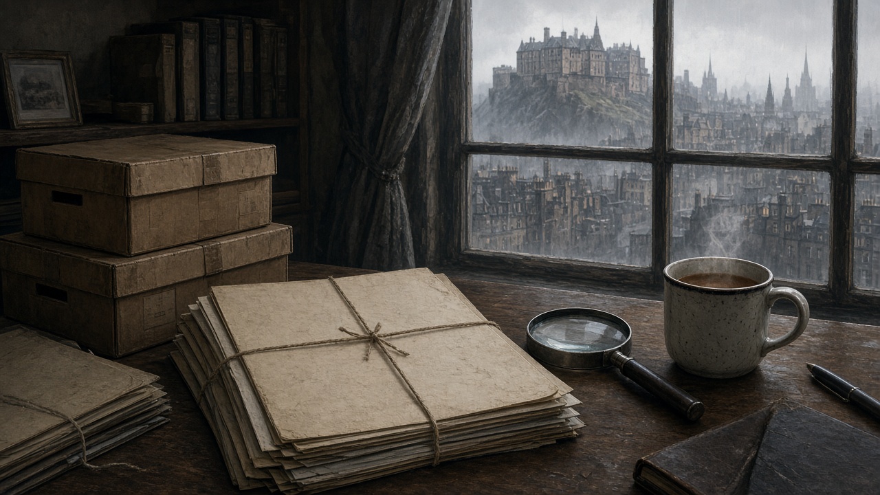Conceptual old case files, magnifying glass and mug beside an Edinburgh window