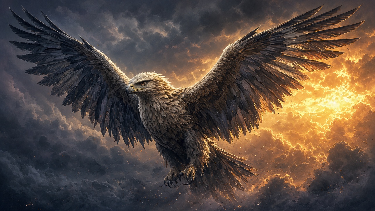 A majestic eagle spreading its wings against golden storm clouds