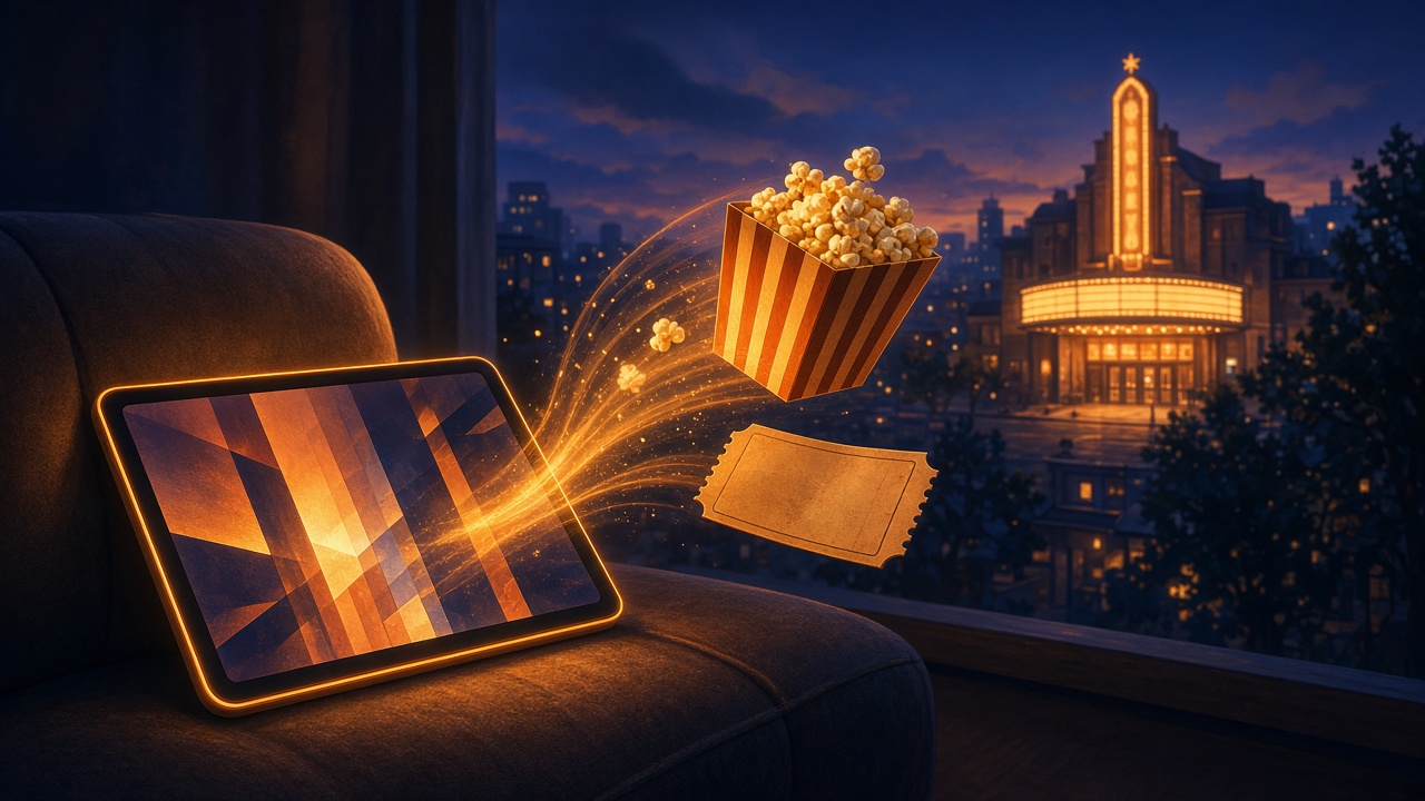 A tablet, cinema ticket and popcorn with a cinema in the distance