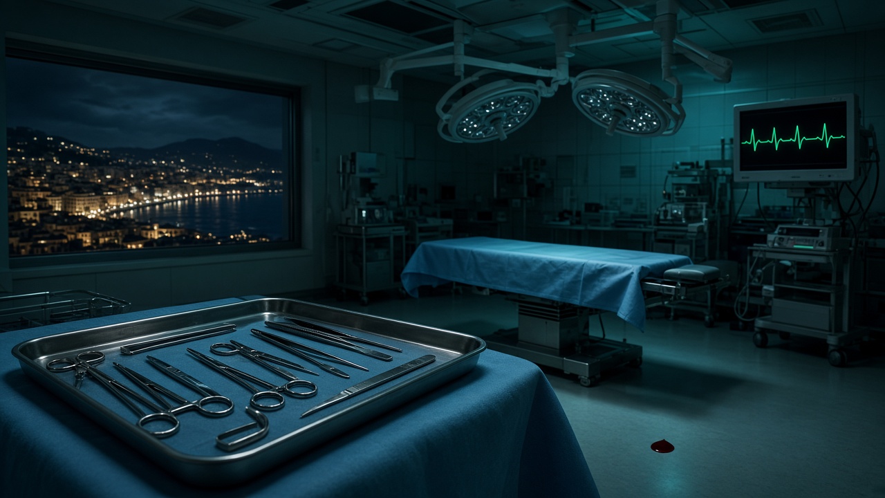 Conceptual dark operating theatre with surgical instruments and a glowing heart monitor