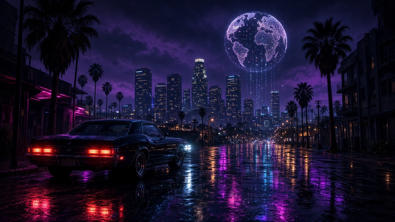 Conceptual Los Angeles skyline with a car on a rain-soaked street and a luminous globe overhead