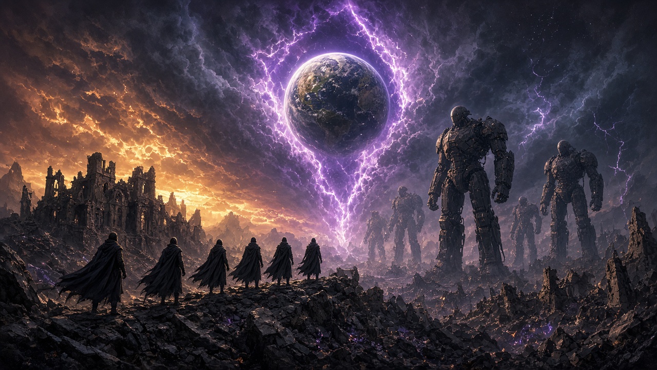 Cloaked figures face towering machines beneath a fractured purple sky