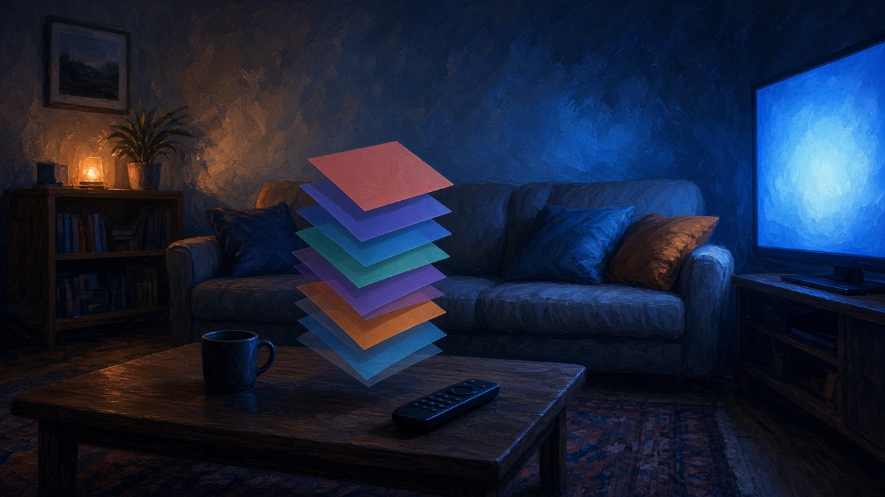 A glowing television beside a stack of coloured subscription cards in a dark living room