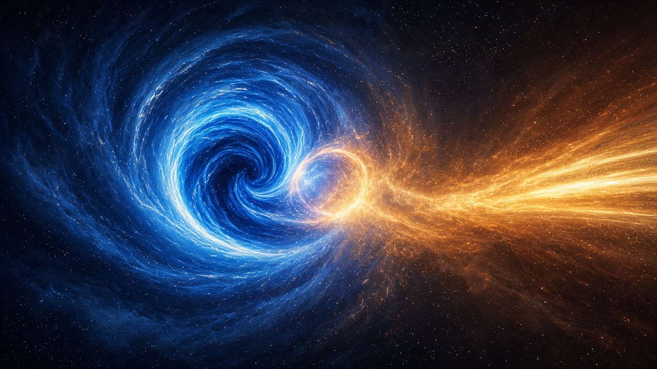 AI artwork of blue and orange cosmic vortices meeting in space