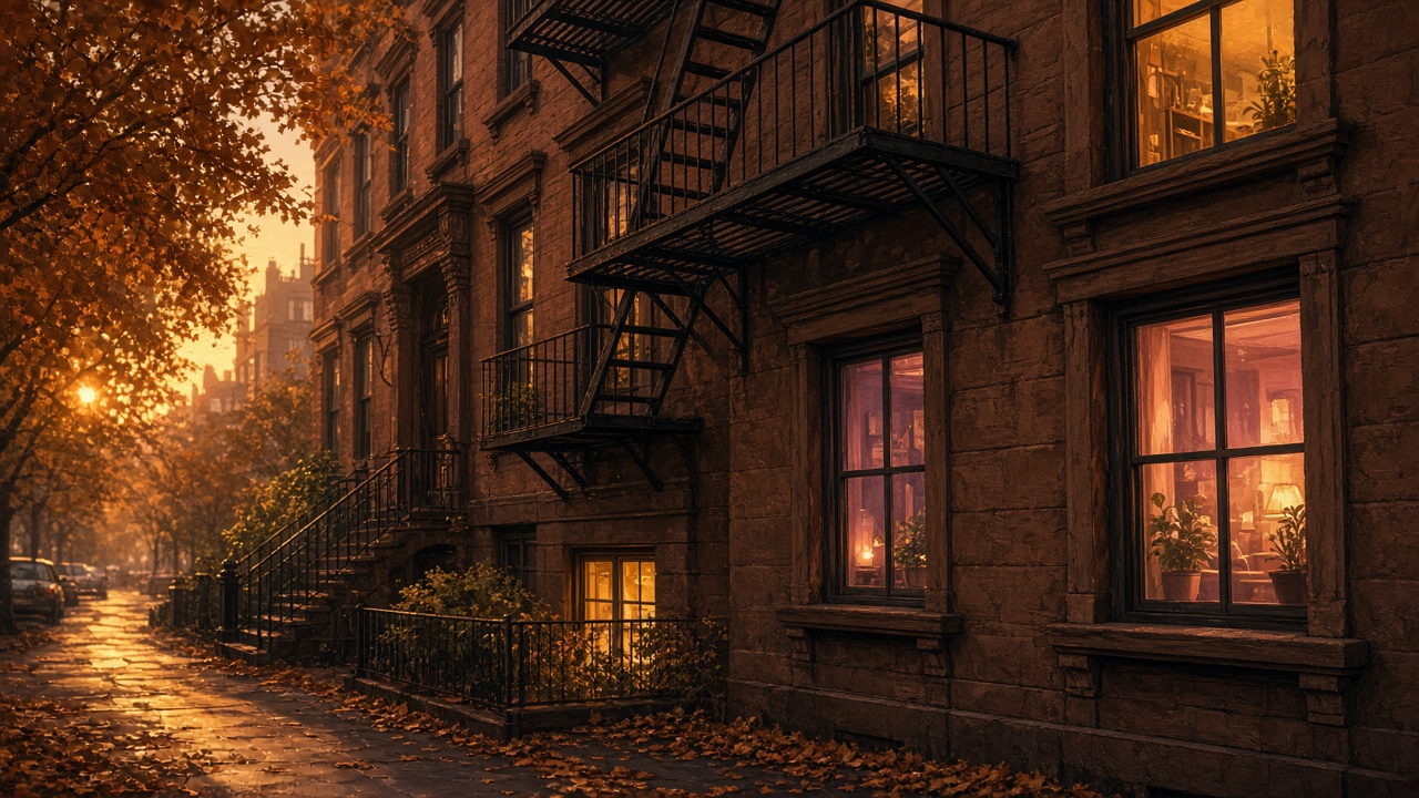 Warmly lit brownstone windows and a fire escape on a New York street