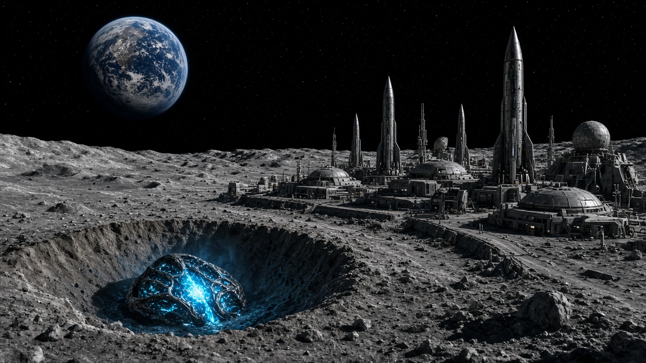 AI artwork of a lunar base beside a crater glowing blue beneath Earth